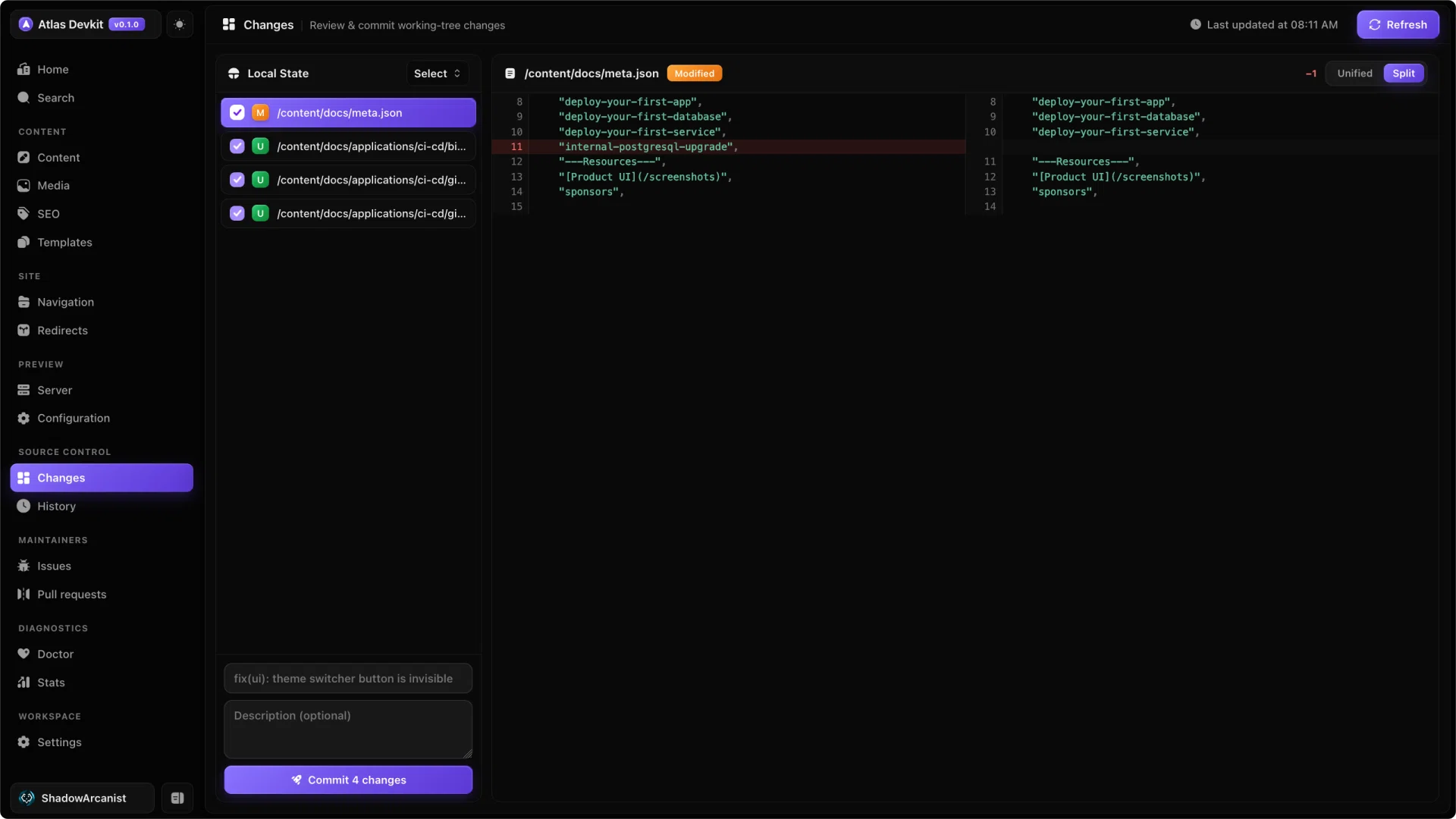The Git changes view