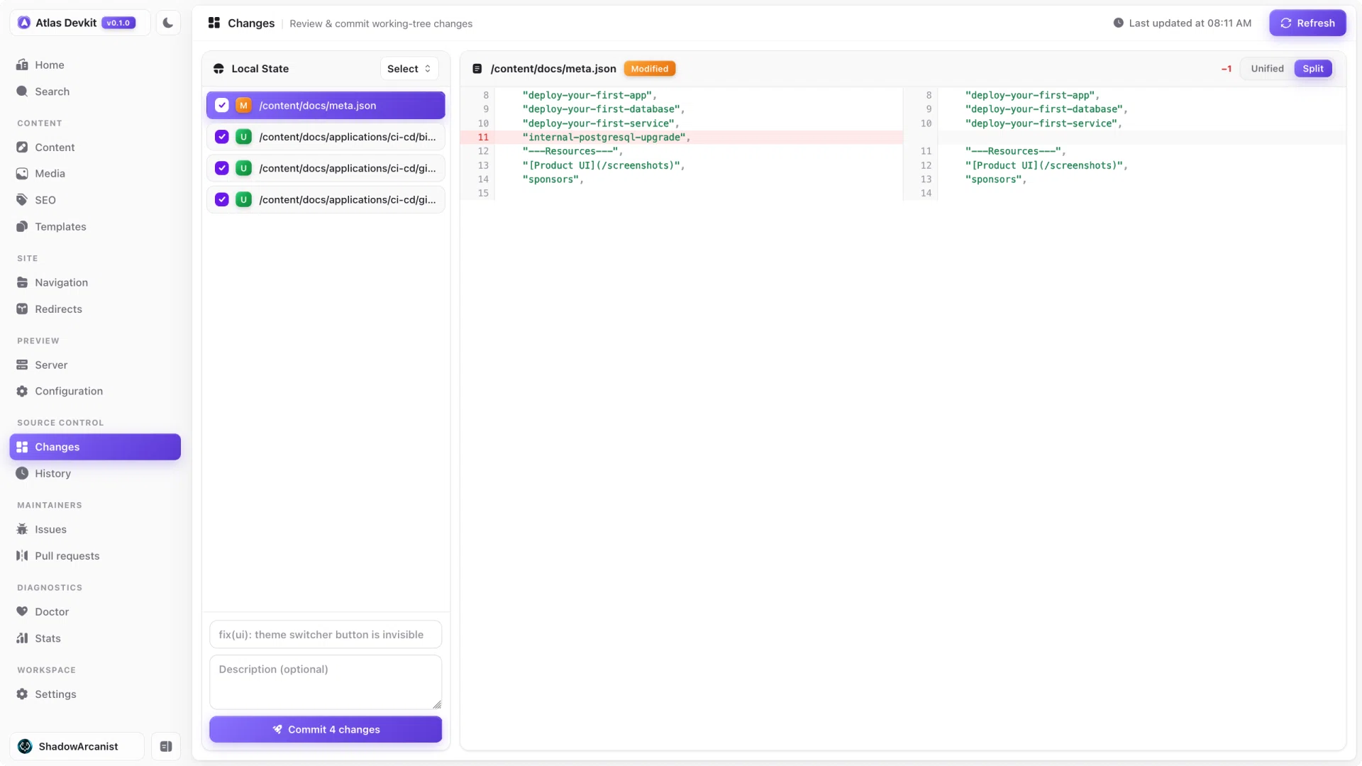 The Git changes view