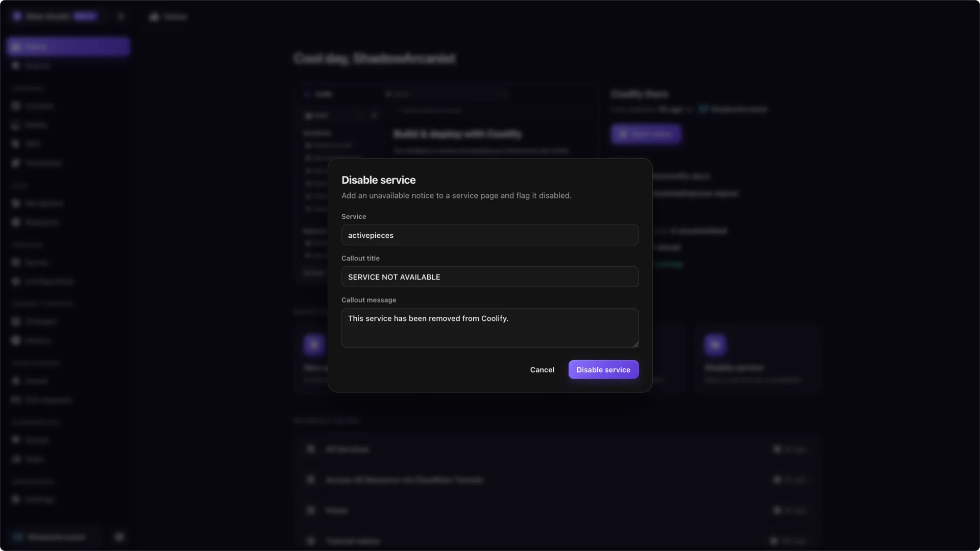 The Disable service dialog