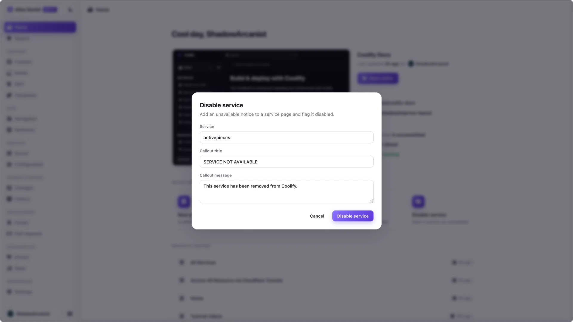 The Disable service dialog